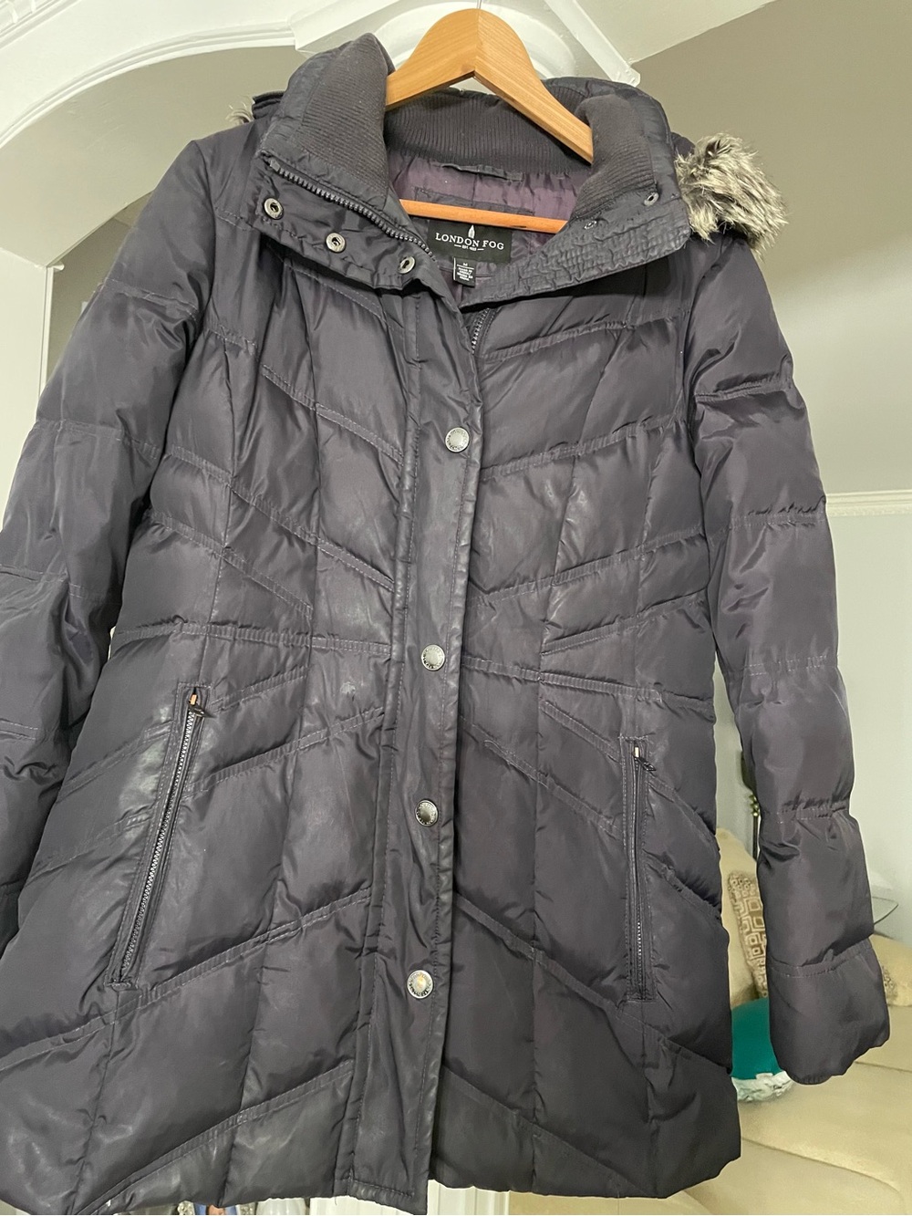 London Fog women’s size M hooded, quilted puffer coat. 50% down filing.